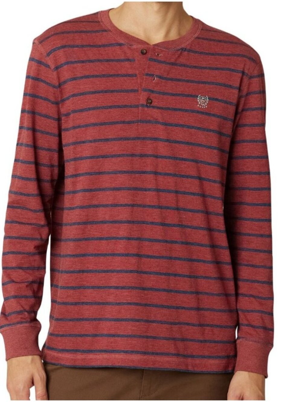 Chaps Men’s Henley Shirt size L Dark Red Striped Long Sleeve Relaxed Fit NWOT